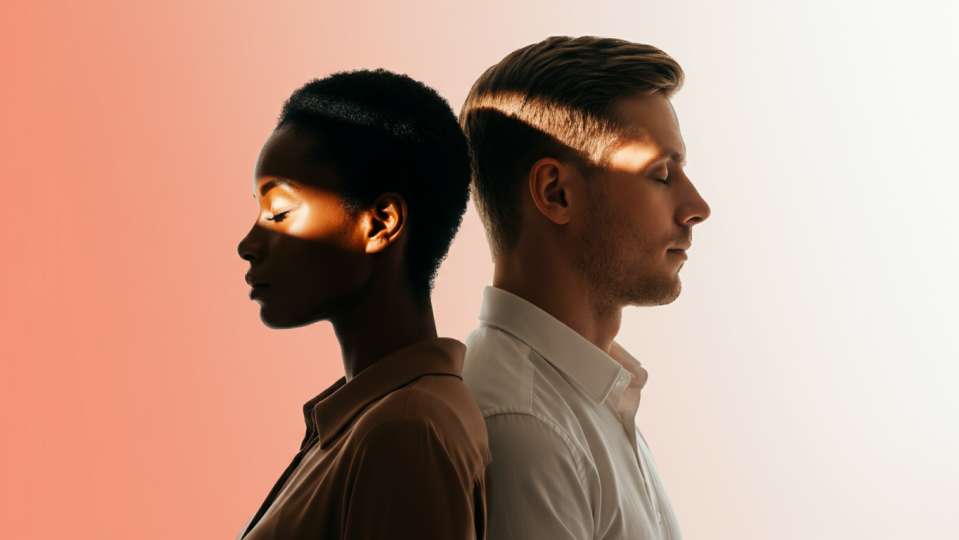 Dupla de criativos em luz duotone — a fotografia da identidade Trakto