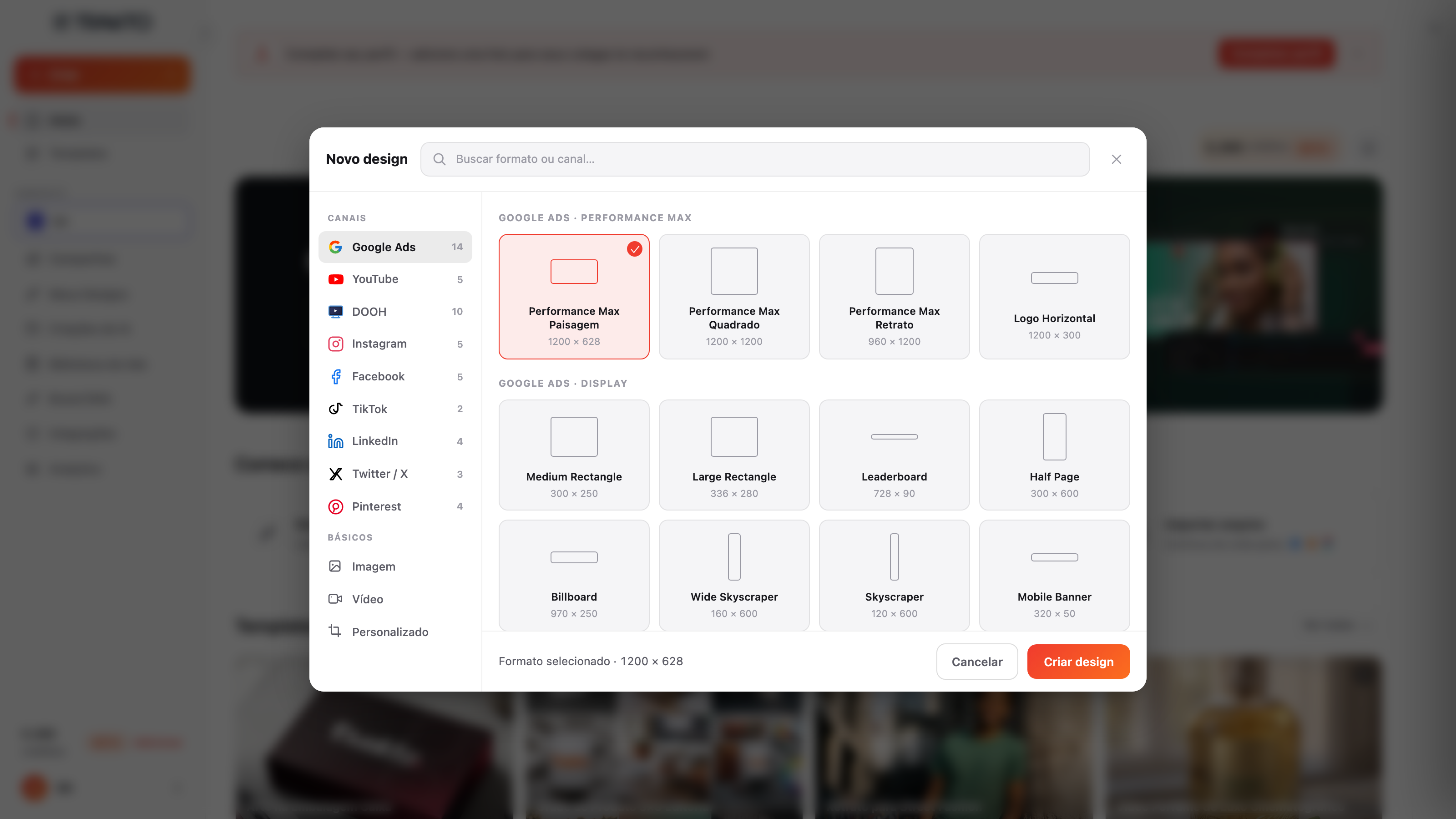 Seletor de formatos multi-canal: Google Ads, YouTube, Instagram e mais