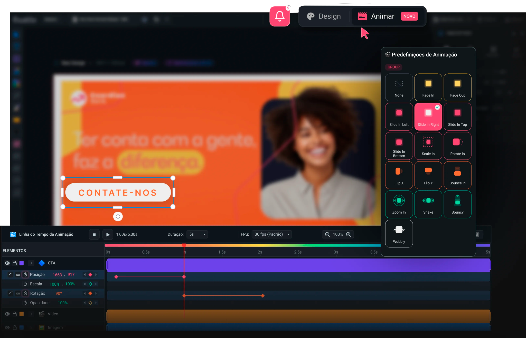 Modo Motion — a mesma peça na timeline, com keyframes